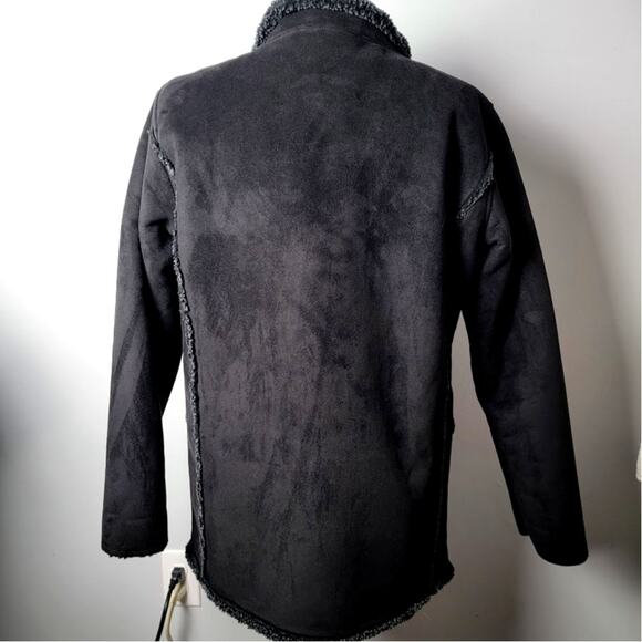 LL Bean Faux Shearling Coat Women’s Large Black Button Fleece Dark Academia - Picture 2 of 7